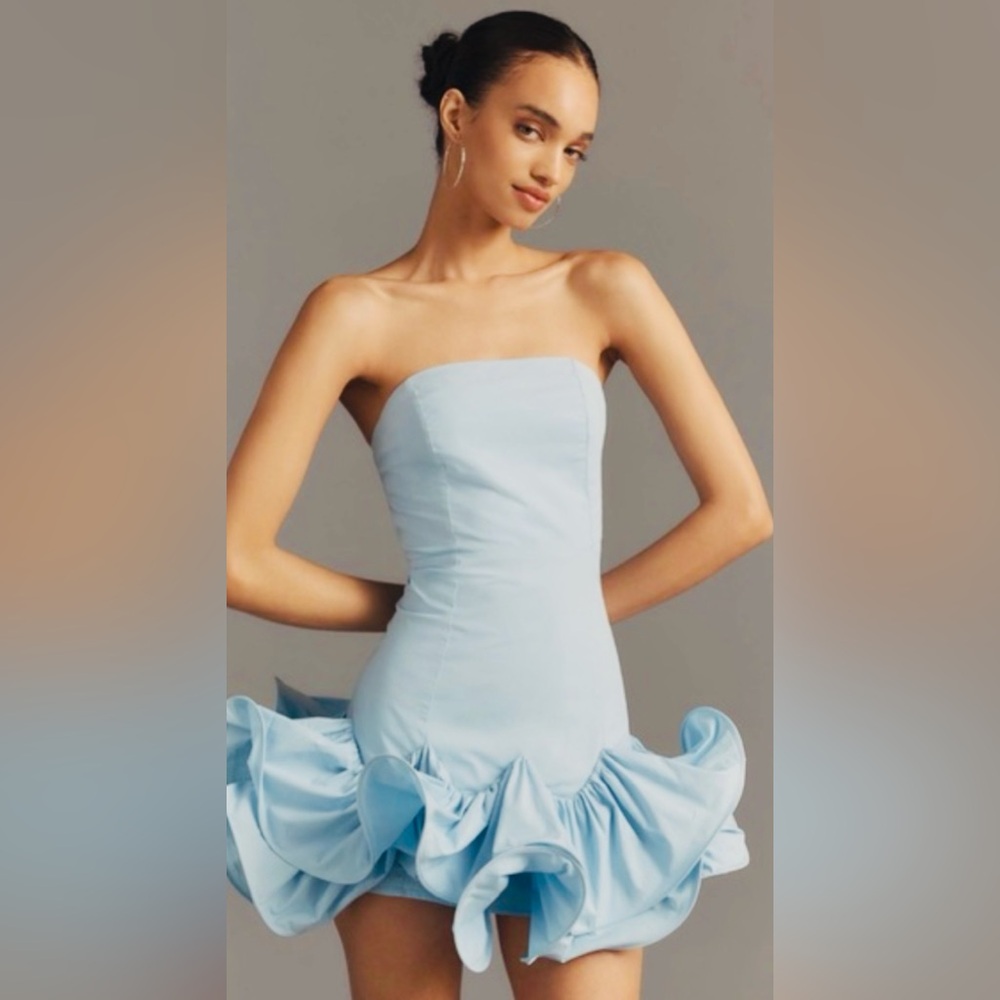 ANTHROPOLOGIE MAEVE STRAPLESS RUFFLE MINI DRESS COLOR SKYRIDE SIZE L NWT - Picture 5 of 11